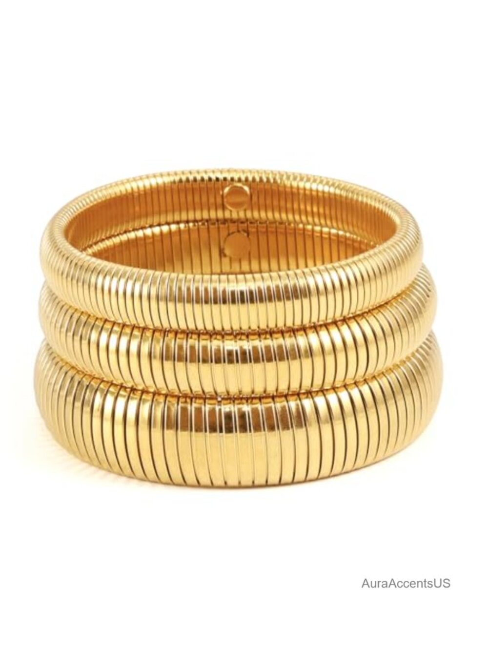 18K Gold Plated Stainless Steel Stretch Bangle Bracelet Set of 3 Chunky